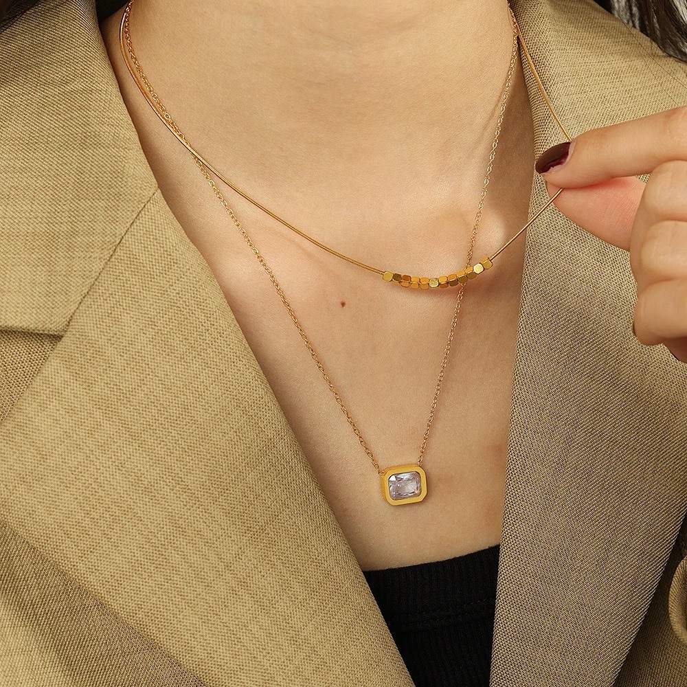 22k Gold Layered Necklace Set with Square Stone Pendant - Women Jewelry